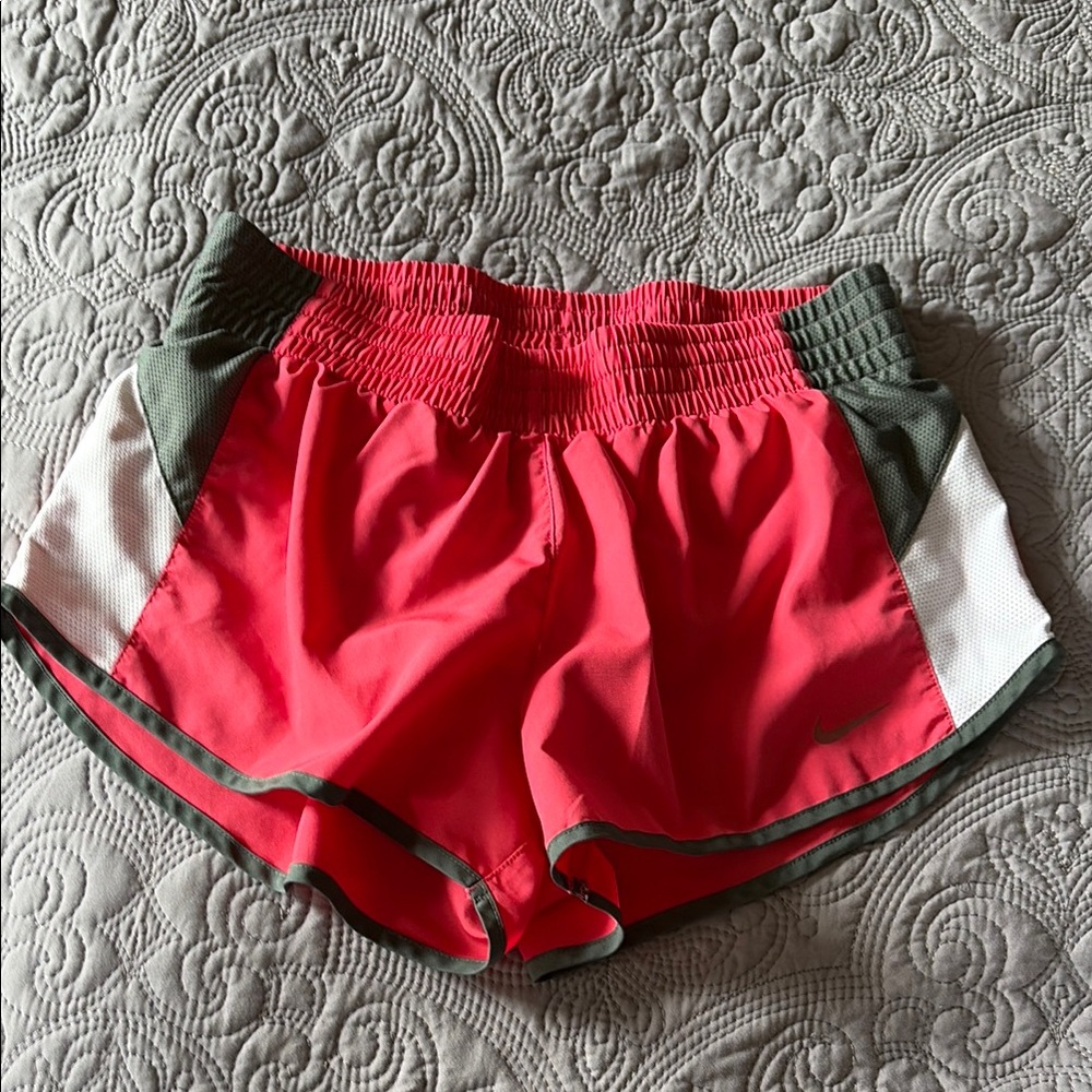 Nike Women's Pink Athletic Running Shorts with grey and white trim, S